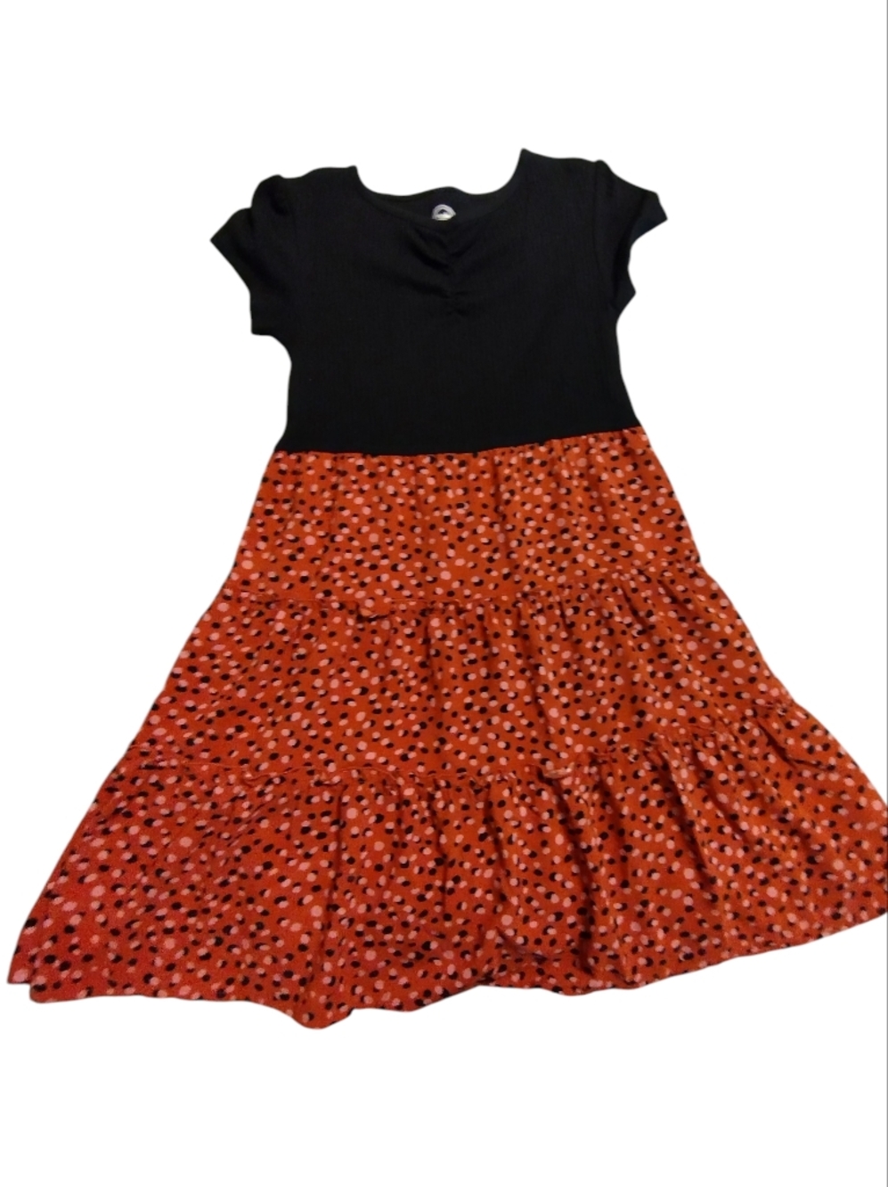 EUC Girls' Black & Orange Printed Tiered Short Sleeve Dress SZ10-12